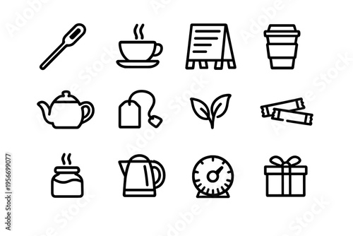 Minimalist black and white line icons for tea and coffee shop including teapot kettle tea bag cup and sugar packets on white background