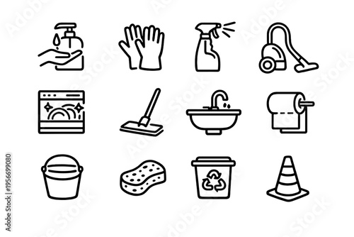 Set of cleaning and hygiene line icons featuring household chores equipment and sanitation tools for domestic maintenance and professional