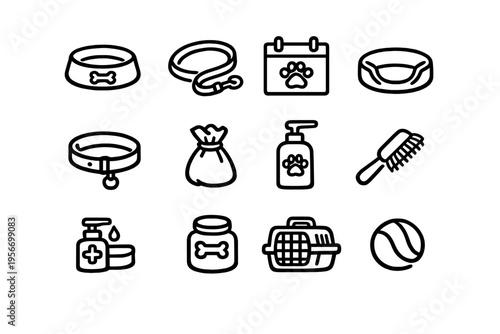 Pet care and domestic animal supplies including food bowl leash collar bed and grooming tools on white background