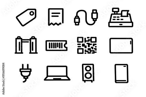 Set of retail and technology line icons including cash register barcode price tag laptop and smartphone for business and commerce
