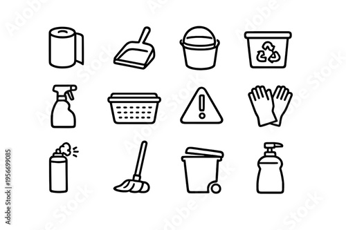 Set of cleaning and sanitation icons featuring bucket mop spray bottle gloves trash can and laundry basket on white background