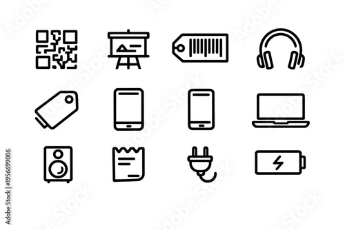 Modern technology and retail line icons set featuring smartphone laptop headphones battery and qr code on white background