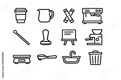 Set of coffee shop and barista equipment icons including espresso machine grinder tamper and milk pitcher on white background