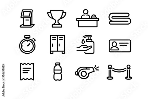 Gym and fitness center service symbols including trophy stopwatch lockers hand sanitizer water bottle and whistle on white background