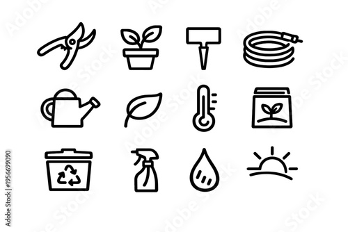 Set of gardening and horticulture line icons including watering can pruning shears potted plant garden hose thermometer and recycling bin