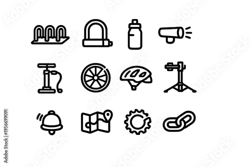 Set of bicycle accessories and equipment icons including helmet lock pump and tools for cycling maintenance and safety on white background