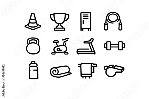 Fitness and gym equipment line icons set including kettlebell dumbbell treadmill exercise bike and trophy for sports training