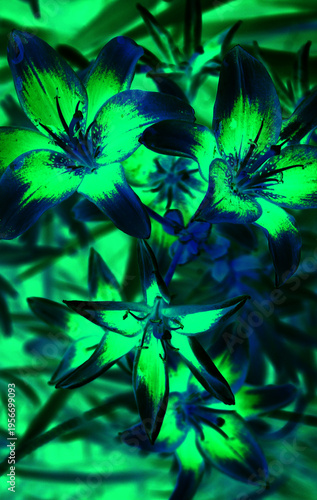 A fabulous floral design with glowing green and blue flowers on dark stems 