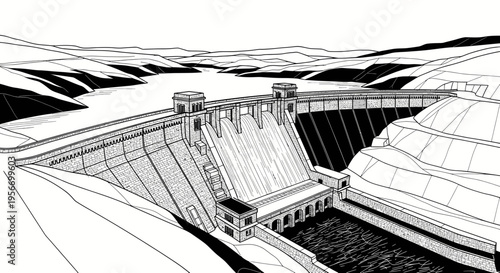 Massive concrete dam holding back a large reservoir, generating hydroelectric power.
