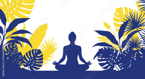 Silhouette of person meditating in lotus pose amidst tropical foliage