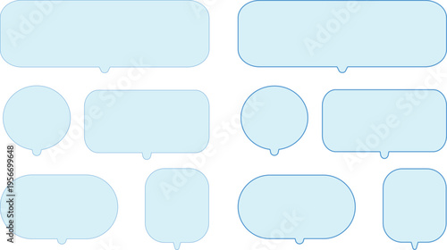 Collection of various light blue speech and thought bubbles on transparent background..A versatile collection of ten bright sky blue speech bubbles in various shapes, including rounded rectangles,.