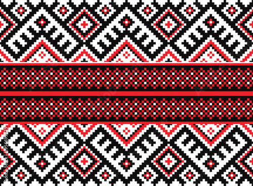 Traditional Slavic Embroidery Border Vector Red and Black Geometric Folk Ornament, Ethnic Ukrainian Pixel Art Pattern Design. A complex and beautiful horizontal vector for ethnic clothing accents