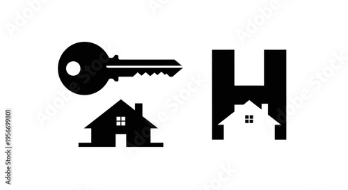 House Key Icon Collection: A collection of minimalist, monochrome icons representing home ownership and the essence of property acquisition. The designs include a classic key, a simple house outline.