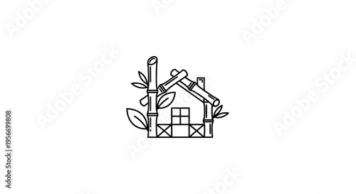 Eco-Friendly Home Concept: A minimalist, line art illustration showcases an eco-friendly home constructed with natural elements, reflecting a harmonious blend of nature and shelter.