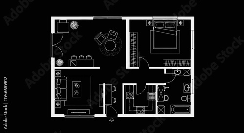 Architectural blueprint: a detailed floor plan of a modern living space, showcasing room layouts, furniture arrangement and design elements. 