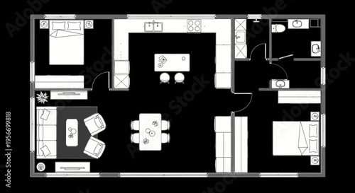 Blueprint of a Modern Home: A top-down blueprint reveals a sleek, contemporary home layout, showcasing the spatial design and functional areas.