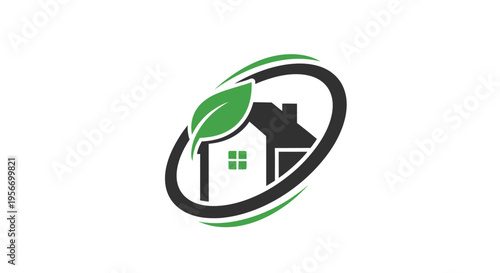 Eco-Friendly Home: A stylized emblem featuring a house embraced by a leaf, symbolizing environmentally conscious living and sustainable practices.