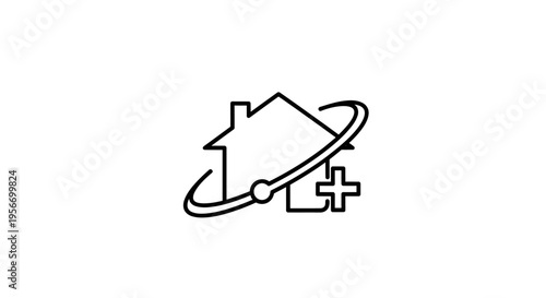 Home Innovation Emblem: A sleek, modern emblem featuring a stylized house intersected by an orbiting symbol, embodying the concept of progress and innovation in the home sector.