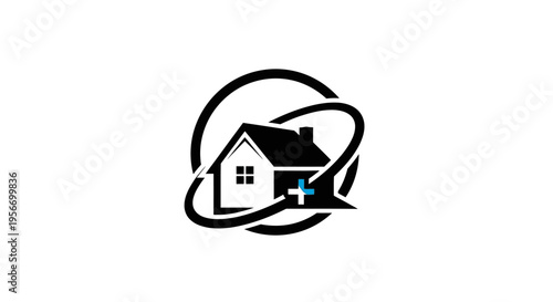 House with cross Logo: A visually clean and symbolic logo featuring a house with a medical cross element integrated, set within a dynamic, orbiting circular frame.