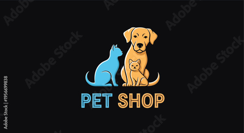 Pet Shop Logo: A creative logo featuring a loyal dog, a friendly cat, and a cute kitten. They are perfect companions. Illustrating warmth and companionship in a clean and modern style.