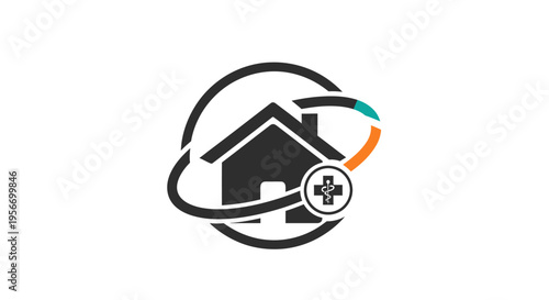 Home Care Logo Design: A modern and symbolic logo featuring a house integrated with medical elements, representing healthcare services and support within a residential setting.