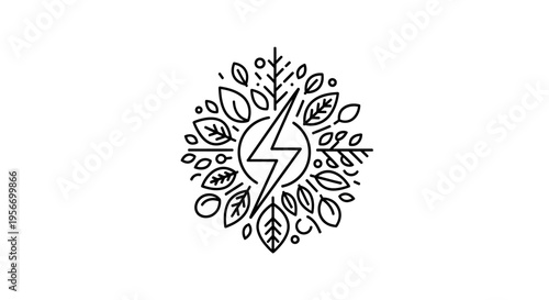 Eco-Friendly Energy Concept: A minimalistic line art composition depicts a lightning bolt embraced by natural elements, symbolizing sustainable power generation.