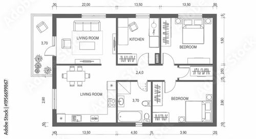 Detailed Apartment Layout: A meticulously crafted blueprint showcasing the comprehensive arrangement of a modern apartment, including various rooms and key architectural elements.