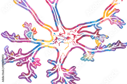 Colorful watercolor style illustration of a human neuron nerve cell with branching dendrites and axon in vibrant pink purple blue and yellow isolated on white background