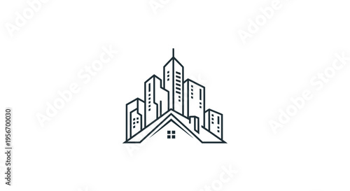 City Skyline Real Estate Logo: A minimalist line art logo design showcasing a city skyline perched atop a house silhouette, symbolizing real estate, home ownership, and urban living.