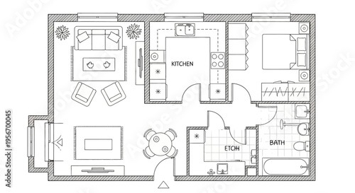 Apartment Layout: A top-down view of a detailed apartment floor plan, meticulously crafted to showcase the arrangement of living spaces.