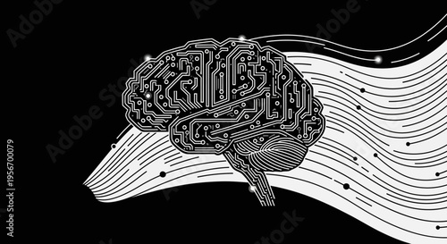 Cybernetic Mind: A detailed illustration of a human brain with intricate circuitry, symbolizing the fusion of technology and the human mind.