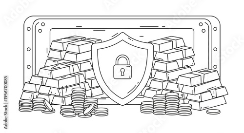 Secure Vault of Wealth: Depicting a wealth of gold bars and coins, safeguarded behind a protective shield. Illustrating security and financial stability.