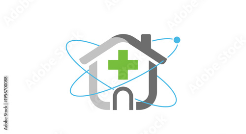 Health Home Icon: An eye-catching illustration of a house icon combined with medical symbol and atom, perfect for healthcare services and medical technology. 