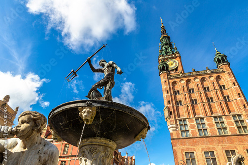 Neptune fountain and Town Hall in Gdansk, Poland