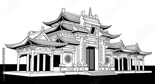 Traditional Chinese Temple Architecture Design.