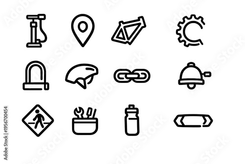 Set of bicycle accessories and maintenance icons including helmet pump lock and tools for cycling enthusiasts and repair shops