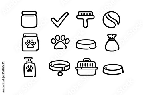 Pet care and domestic animal supplies icons including food bowl collar brush and carrier on white background
