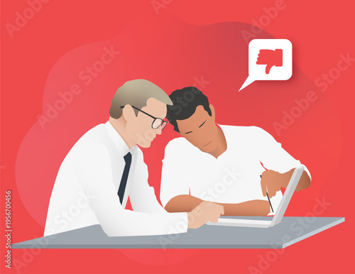 Two businessmen looking at a laptop with thumbs down disapproval sign, negative feedback concept