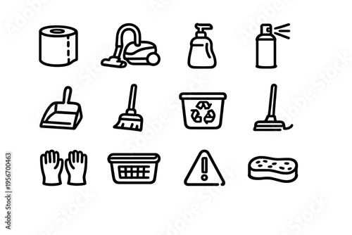 Set of household cleaning icons including vacuum cleaner broom mop sponge soap dispenser and laundry basket on white background