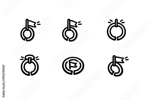 Minimalist black line icons featuring circular shapes with flags and markers on a clean white background for business and navigation