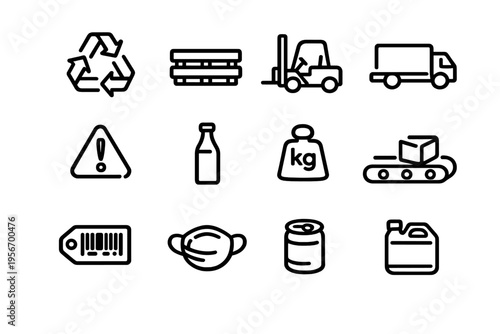 Logistics and recycling line icon set featuring delivery truck forklift pallet and industrial symbols on white background