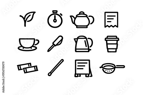 Minimalist black line icons for tea and coffee shop including teapot kettle cup sugar leaf and timer on white background