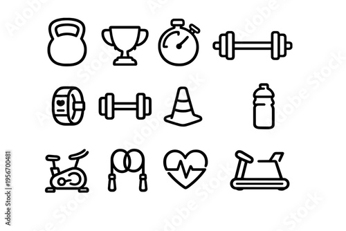 Fitness and gym equipment line icons set including kettlebell barbell treadmill and exercise bike for workout and health tracking