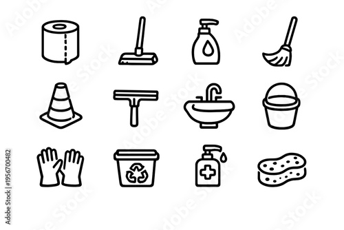 Set of cleaning and hygiene icons including broom bucket soap dispenser sponge and recycling bin on white background