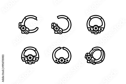 Set of mechanical ring icons with gears and futuristic steampunk design elements on white background