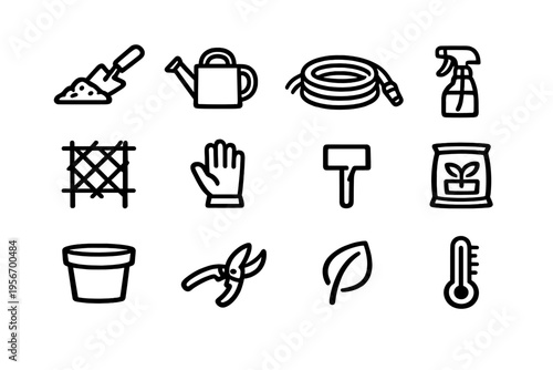 Gardening tool icon set featuring watering can shovel hose pruning shears and flower pot for horticulture and landscaping projects
