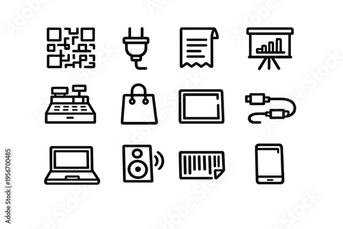 Set of retail and technology line icons including QR code cash register laptop smartphone barcode and shopping bag for business interface