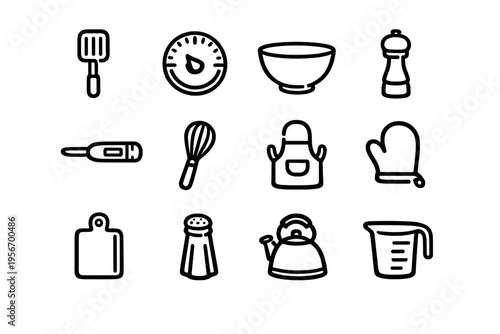 Minimalist kitchen tool icons set including spatula whisk apron kettle and measuring cup on white background
