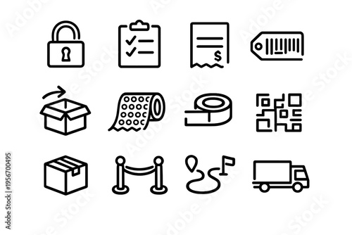 Logistics and shipping line icon set featuring delivery truck barcode qr code cardboard box and security padlock symbols for business