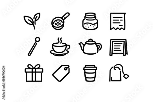 Minimalist black line icons set for tea shop and cafe branding featuring teapot cup tea bag and coffee accessories on white background